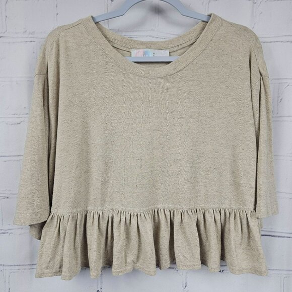 FP Beach Ruffle Linen Blend Shirt Top Blouse Womens M Short Sleeve Boxy Oversize - Picture 1 of 10